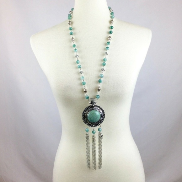 Bohemian Statement Necklace Jade Beaded Tassels - Picture 2 of 8